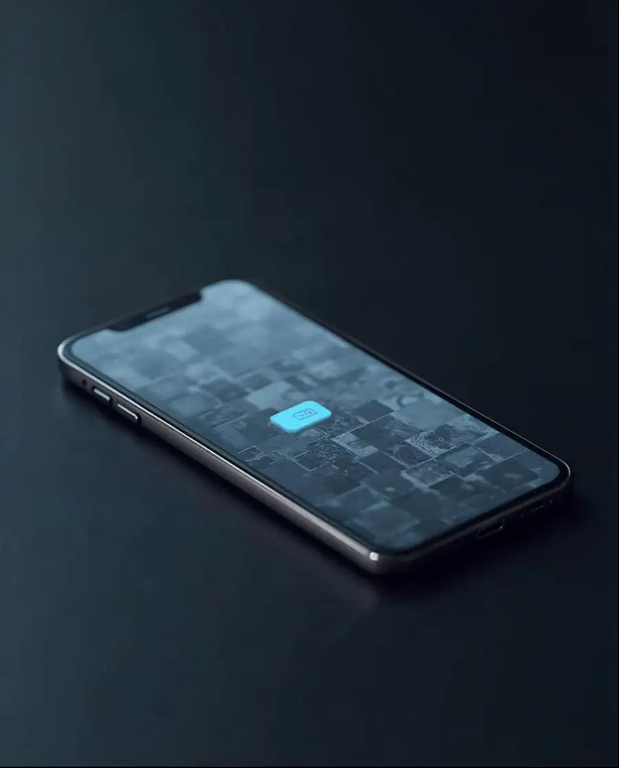 An ordinary smartphone lying on a dark surface, its screen covered with a grid of blurry grey tiles; a single tile is sharp and ice blue.