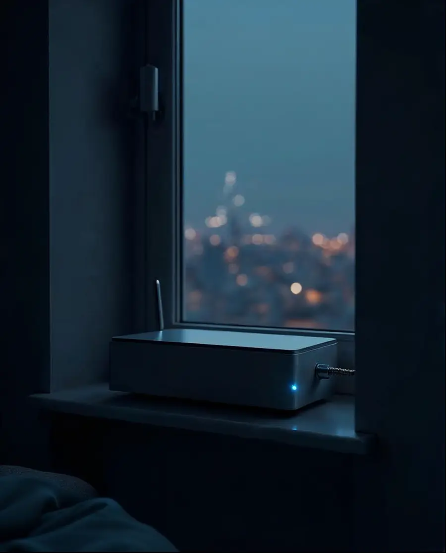 A small brushed aluminium box on a window sill, a short antenna, a coiled cable, a blue LED; outside, a city at night.