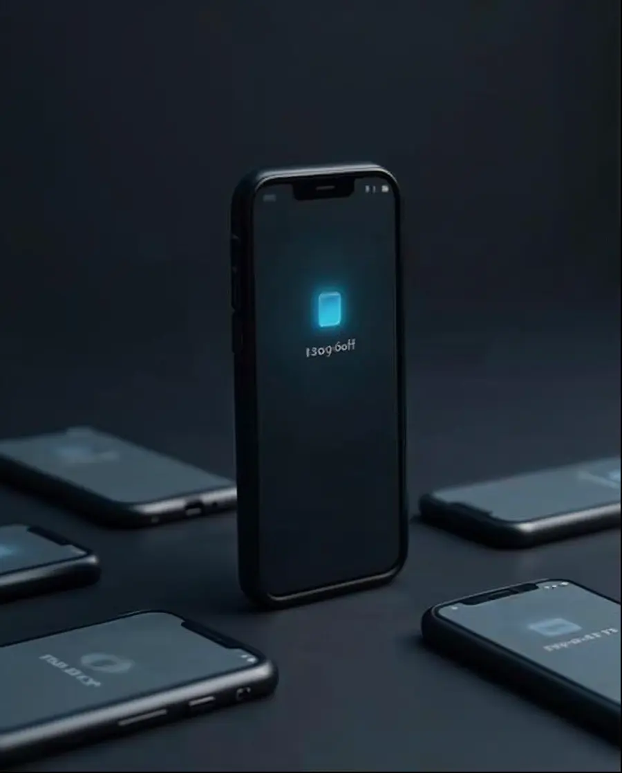 A matte black phone standing upright, its screen almost empty with a single small ice blue square; around it, out of focus, ordinary phones lying with their screens lit.