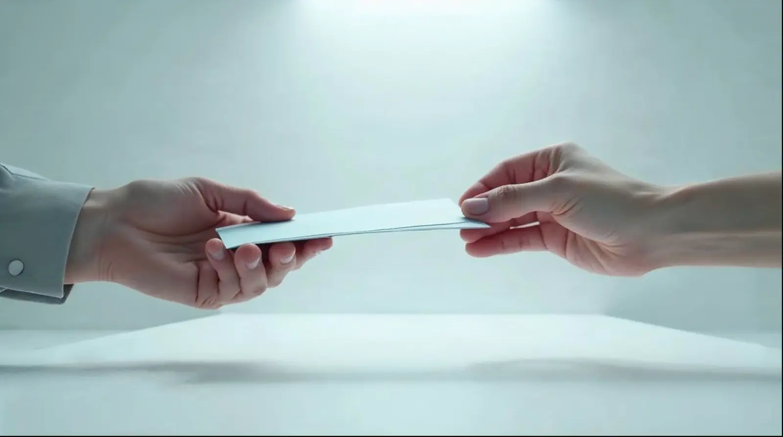 Close-up: a folded note passes from one hand to another, in an empty space. Nobody else.