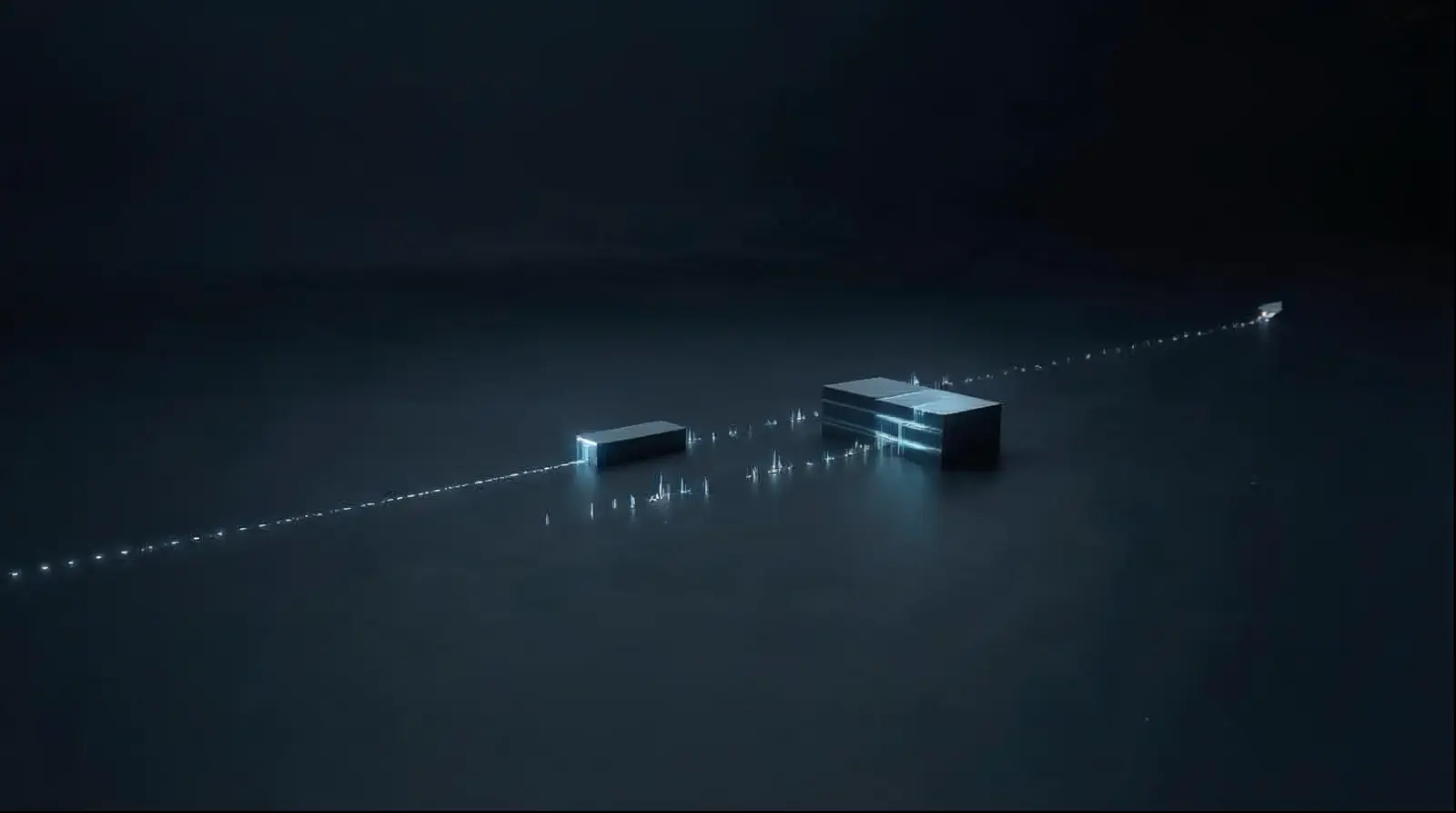 Deux petits blocs identiques posés loin l'un de l'autre sur une surface noire, reliés par des chemins de lumière pâle ; au loin, un point de lumière élevé.
