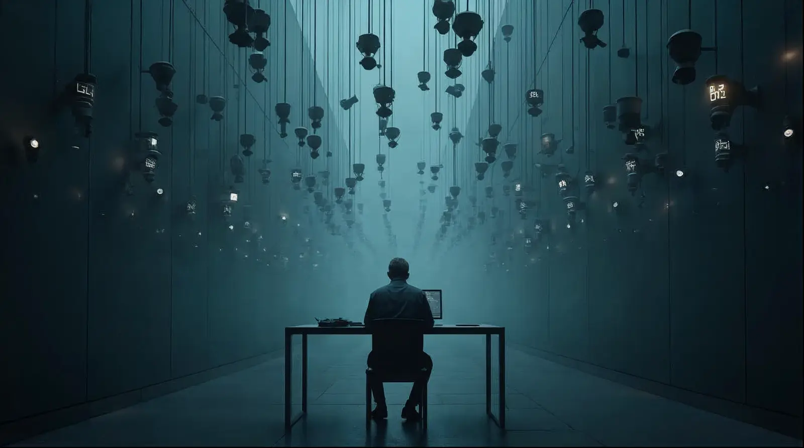 A lone person, seen from behind, writing at a table in a vast hall; dozens of hanging cameras and screens are all turned toward them.