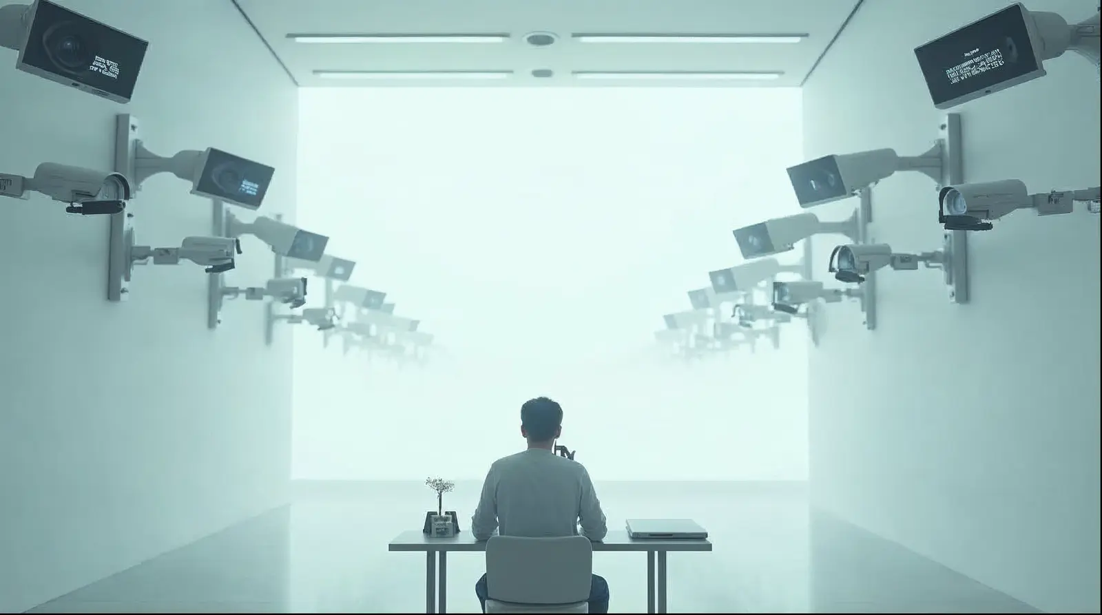 A lone person, seen from behind, writing at a table in a vast hall; dozens of hanging cameras and screens are all turned toward them.